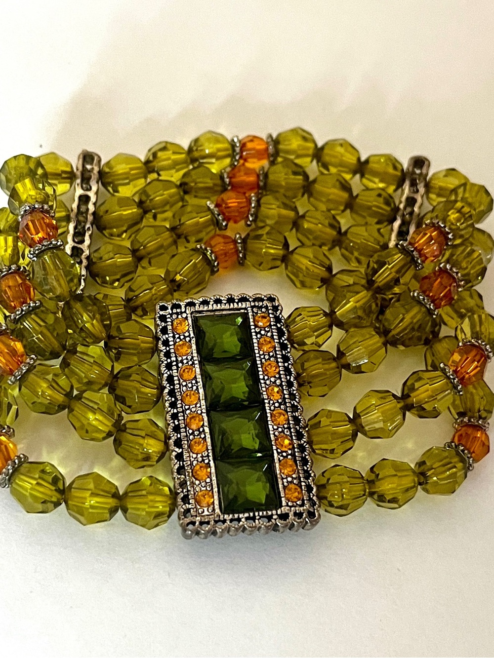 Vintage-Inspired Olive Green and Amber Beaded Bracelet